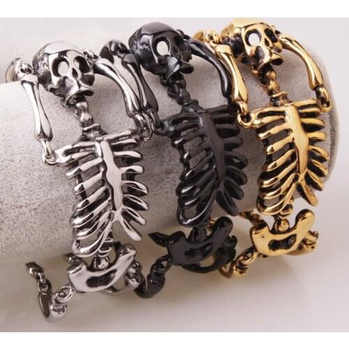 Granny Chic Retro Black Stainless Steel Big Skull Mens Bracelet For Men Punk Rock Chain Bracelets Hip-hop Armband Jewelry