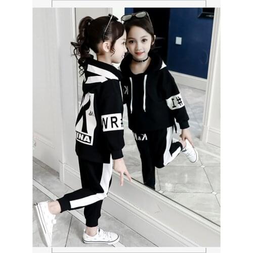 New girls winter wear black thick cashmere suit Korean children wear Kids cuhk hooded stylish trousers two-piece outfit ST19094