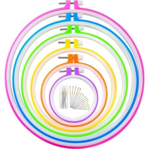 6 Pieces 8.6cm-26cm Embroidery Hoops and 15 Needles Plastic Circle Cross Stitch Hoop Ring Embroidery Circle Set(Multicolor)