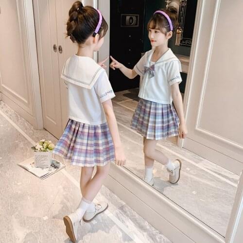 Summer New Childrens Clothing Sets 4-10 Y Teen Girls Korean Style Suits Navy Collar White Shirt Plaid Pleated Skirt Girls Sets