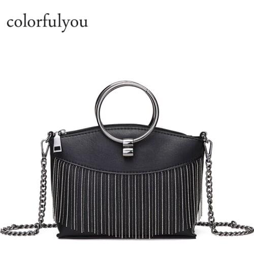Fashion chains Tassels bag women metal Ring handle handbag PU leather Messenger Shoulder Bags Chic Black Crossbody Bag purse