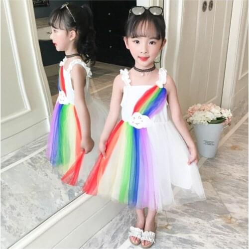 Fashion rainbow lace dress girls elegant off shoulder Birthday Party Kids Dresses cloud mesh children vestido gxj