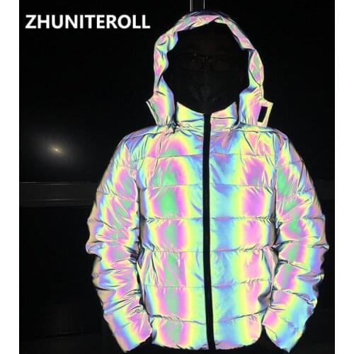 2021 Harajuku Down Jackets Men Rainbow Reflective Padded Zipper Coat Streetwear Hip Hop Fashion Winter Outwear Windbreaker Tops