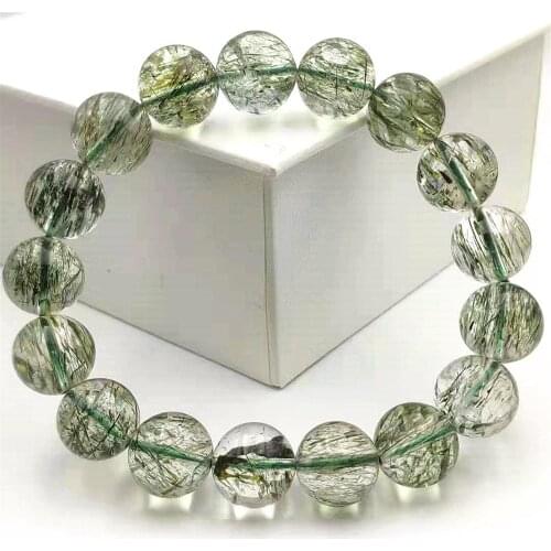 13mm Top Quality Natural Green Tourmilated Rutilated Quartz Bracelet Clear Round Beads Women Men Fashion Best Stone AAAAA
