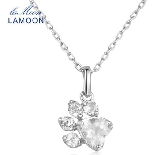 LAMOON Necklace For Women Bears Paw 5x5.5mm 100% Natural Gemstone Clear Quartz Chain 925 Sterling Silver Fine Jewelry LMNI067