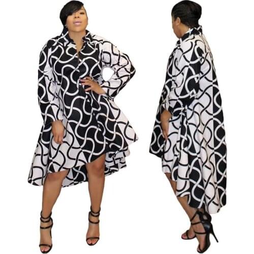 Casual Striped Shirt Dress African Clothes 2019 Spring Turn-down Collar Long Sleeve Black White Stiped Prnted Fishtail Shirt