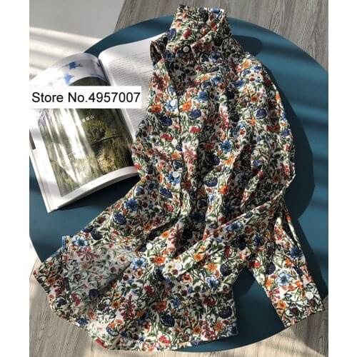 ElfStyle Cotton Women Floral Printing Long Sleeve Lapel Blouse Shirt Top