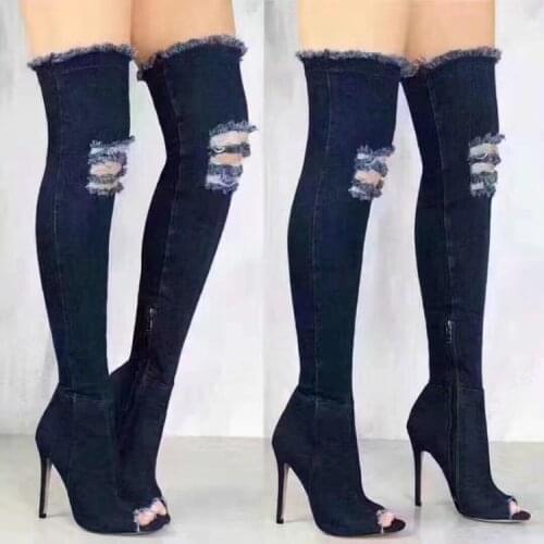 Peep Toe Over The Knee Zip Denim Motorcycle Boots Shoes Party Plus Size 36-41 Women Sexy Spring Jean High Heels Boots Shoes