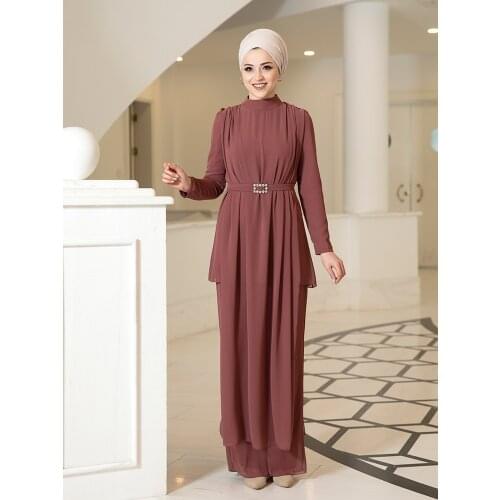 Women Suit With Stone Belt New Season Long Tunic Pants Combine Large Size Modern Turkish Made Luxury Elegant Muslim Islamic