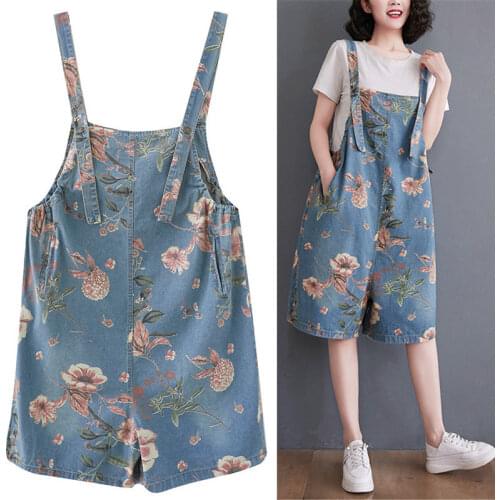 Women Summer Loose Straight Denim Jumpsuit Knee Length Wide Leg Pants Strap Pocket Floral Printed fashion vintage jumpsuits