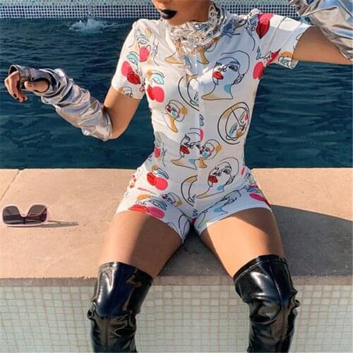 Women’s Sexy Tight Short Jumpsuit Cartoon Printing Zipper Short Sleeve Bottoming Bodysuit