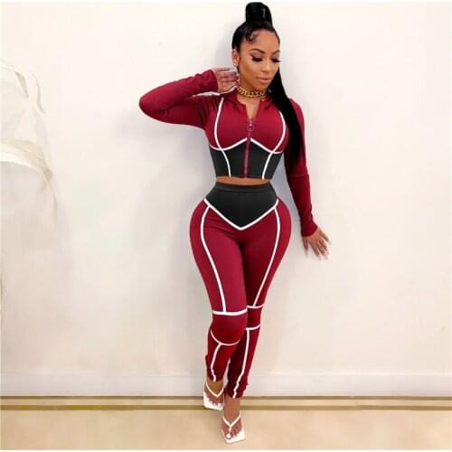 Imcute Sportwear Patchwork Womens Set Long Sleeve Zipper Top Jogger Pant Set Tracksuit Fitness Two Piece Outfits Matching Set