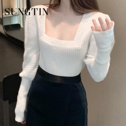 Sungtin Korean Fashion Knitted Sweater Women Spring Casual Square Collar Tee Tops Vintage Classic Long Sleeve High Quality Tops