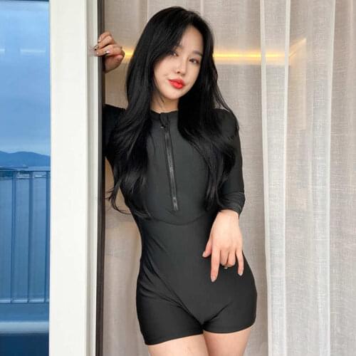 2021 New Popular Korean Siamese Boxer Long Sleeve Zipper Slim Conservative Ladies Diving Hot Spring Tight Temperament Swimsuit