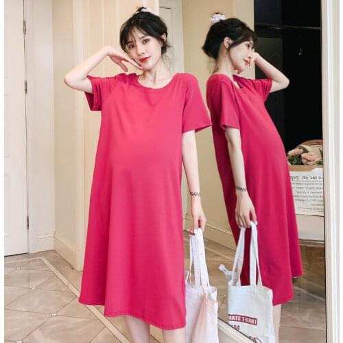 666# Maternity Clothes Summer Cotton O Neck Plain Color T Shirt Dress Short Sleeves Loose Stylish Dress Pregnant Women Mom Dress