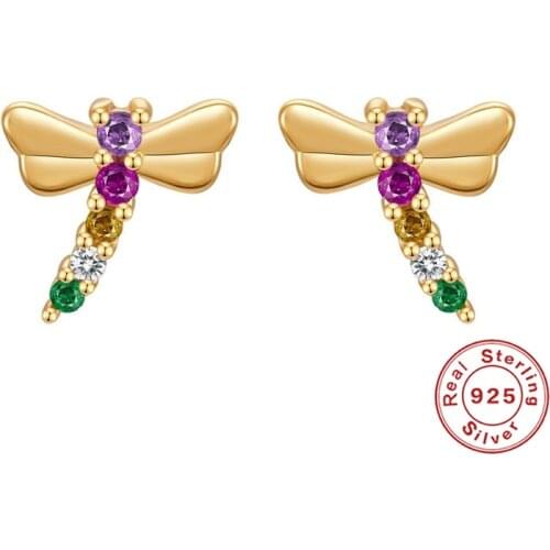 Canner 925 Sterling Silver Stud Earrings Dragonfly Colored Zircon Luxury Earrings For Women Pendientes 1Pair kolczyki damskie