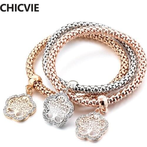 CHICVIE New Stretch Flower Bangles & Bracelets For Women Girls 3 PCS Gold/Silver/Rose Gold Corn Chain Charms Bracelets SBR180087