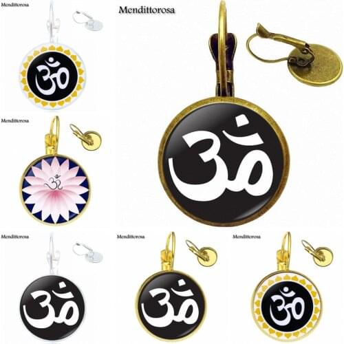 For Wedding Henna Yoga Jewelry Glass Cabochon Bronze/Silver/Golden Clip Ear Hook Drop Earrings