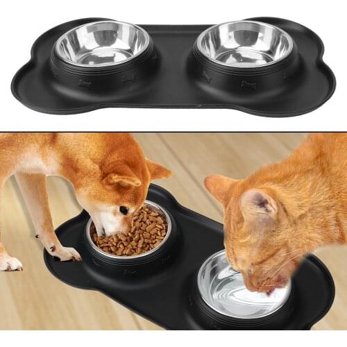 No Spill Double Dog Bowl Stainless Steel With Silicone Mat Durable Antislip Drinking Water Food Feeder Pet Feeding Bowl