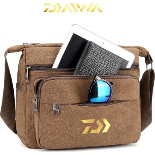 Daiwa Fishing Men Canvas Shoulder Bag Casual Crossbody Bag Fashion Mens Vintage Travel Bag Simple Fishing Small Shoulder Bag