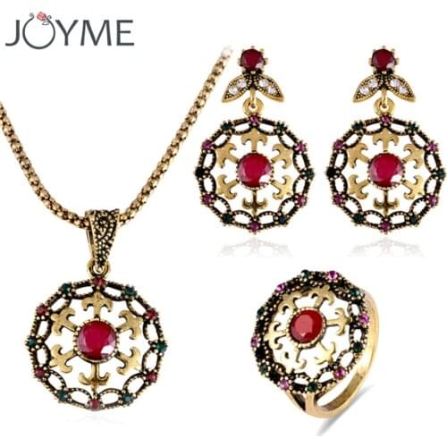 Joyme Vintage Round Choker Red Acrylic Flower Necklace Costume Resin Dangle Big Gold-Color Earing Jewelry Set Pendientes