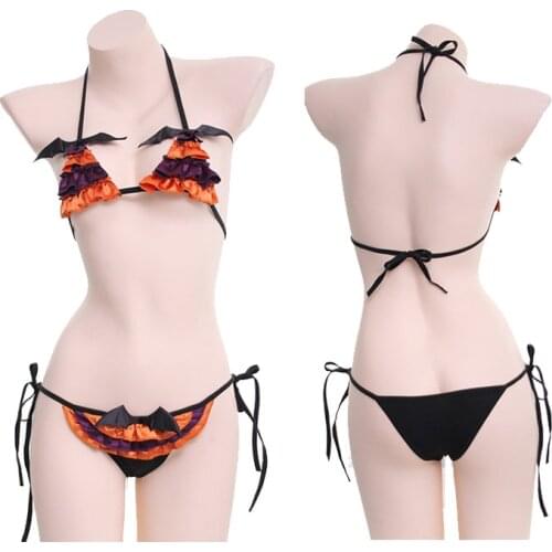 Cute Pumpkin Bat Lingerie Set Halloween Cosplay Party Little Devil Costume Sexy Pajamas Women Bikini Maid Micro Bikini Underwear