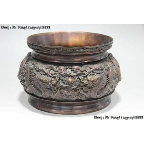 Chinese Royal Bronze Copper Dragon Play Bead Treasure Bowl Incense Burner Censer