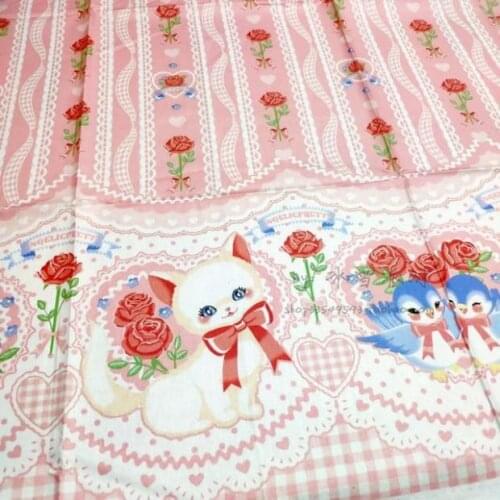 Cartoon Cat Birds Rose Lace Print 100% Cotton Fabric for Girl Clothes Hometextile Cushion Cover Curtain DIY 105cm Width