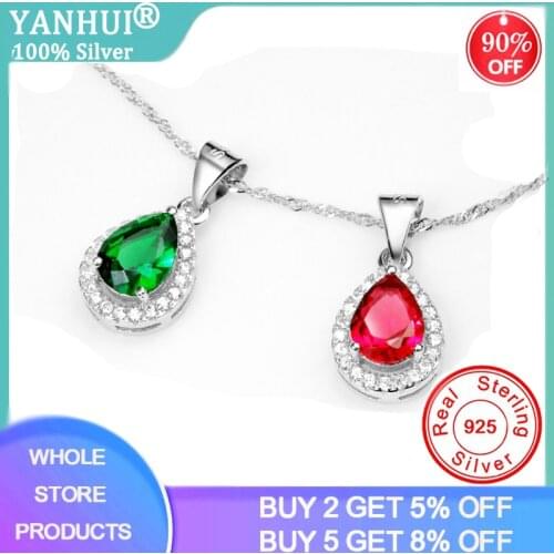 YANHUI 2021 New Fashion Water Drop Lab Ruby/Emerald Pendant Necklaces For Women 18K White Gold Colorful Crystal Wedding Choker