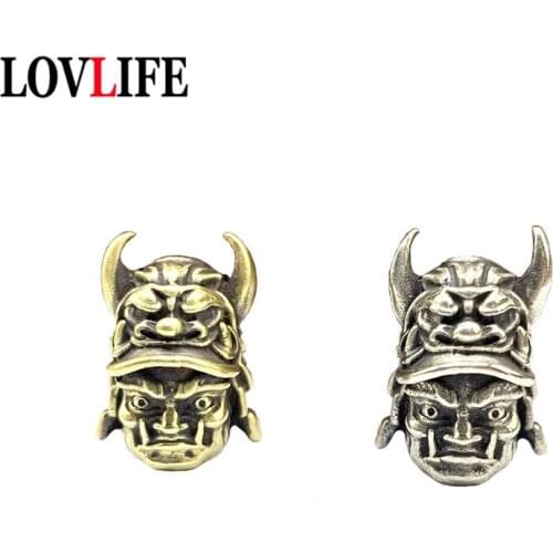 EDC Knife Bead Pendant Brass Japanese Samurai Helmet Keychain DIY Handmade Lanyard Accessories Metal Paracord Flashlight Hanging