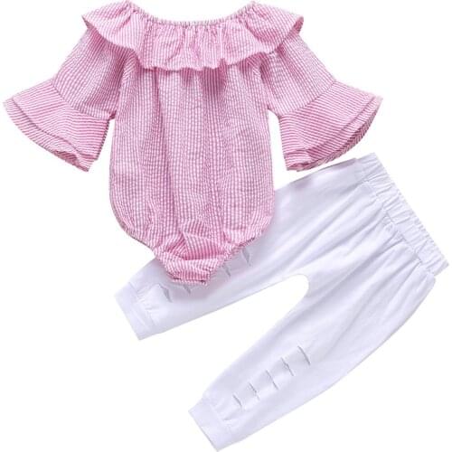 Baby girl clothes O-neck Cotton Toddler Infant Striped Pink Top romper +Ripped pants Newborn baby clothing set outfits