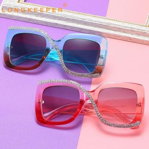 LongKeeper Fashion Diamond Oversized Square Sunglasses Women 2021 Vintage Unique Rhinestone Sun Glasses Blue Shades Gafas de sol