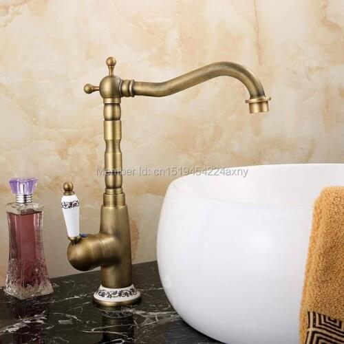 GIZERO Contemporary Antique Brass Faucet Bathroom Sink Mixer water Tap Deck Mounted Signle Handle with Porcelain Base GI10