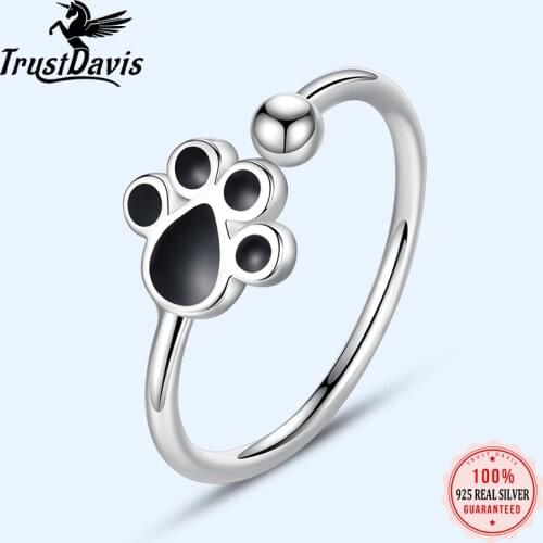 Trustdavis Ring 925 Sterling Silver Black Cat Dog Footprints Paw Adjustable RIng For Women Wedding Silver Ring Jewelry DA140