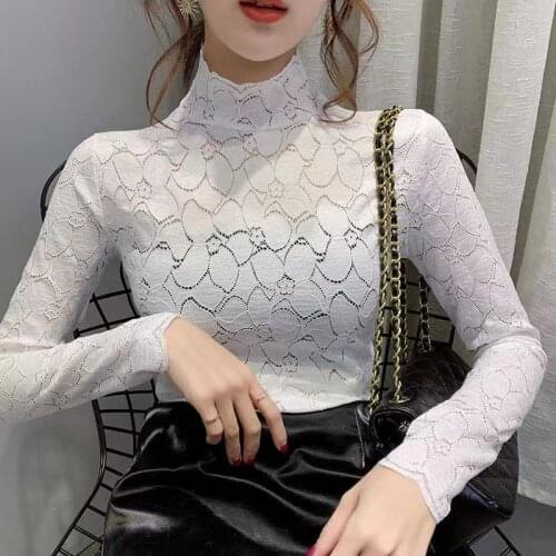 Women Sexy Lace Froal Blouse Shirt Turtleneck Long Sleeve Elegant Undershirt Hollow Out Slim Korean Style Solid Tops 2021spring