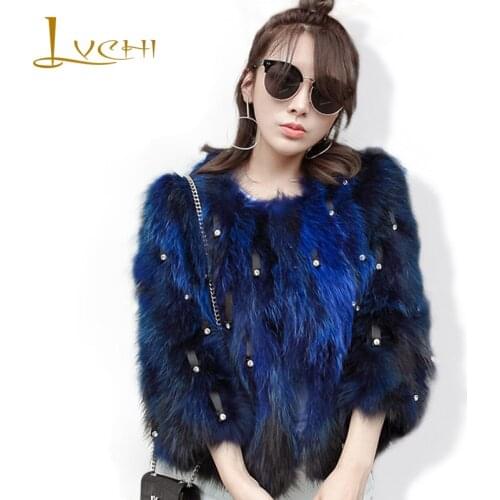 LVCHI Real Raccoon Dog Furs Coat Genuine Warm Winter Fur Jackets for Women 2019 Fashion Sequined design Raccoon Dog Fur