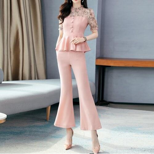 Summer Fashion Flower Patchwork Women Shirt Suits Short Sleeve Top Blouse Pants Suit Office Ladies Flare Pant Two-piece