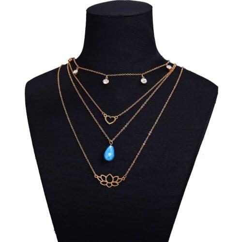 Poputton Boho Rhinestone Chokers Necklaces for Women Blue Pendant Layered Necklace Multi Layer Heart Chain Necklace Jewelry