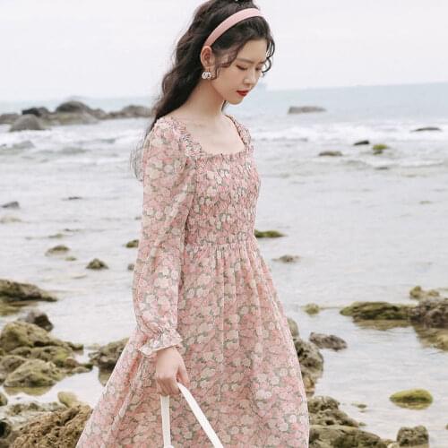 Bella 2021 Summer Elagant Women Print Dress Sweet Floral Mid-length Slim Chiffon Dress Female Casual Korean Beach Party Dress