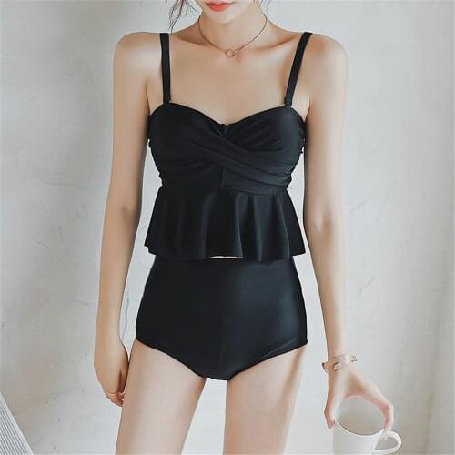 Ruffle Bikini Women Solid Swimwear High Waist Biquini Push Up Swimsuit Crop Top Pad Bathing Suit Korea Swimming Wrap Bandeau