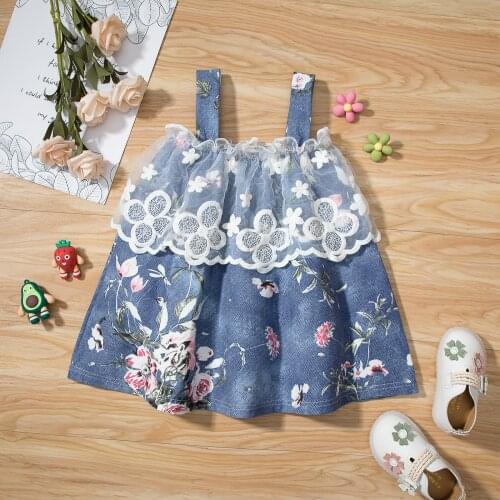 Kids Dress, Girls Lace Trim Flower Print Sleeveless O-Piece Slip Dress for Summer, Denim Blue, 3-24 Months