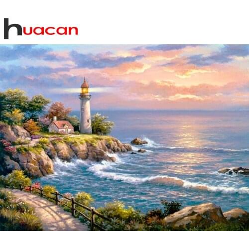 Huacan Full Square/Round Diamond Painting Seaside Landscape DIY 5d Diamond Embroidery Lighthouse Handicraft Home Art Decor