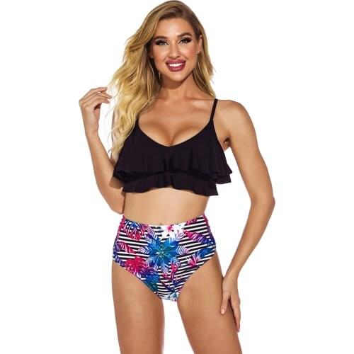 Summer Womens Sexy Ruffle Suspender High Waist Split Swimsuit женщина Bikini Stripe Printed Seaside Water Sports Suit Swimming