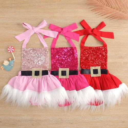FOCUSNORM 0-24M Lovely Baby Girls Christmas Romper Dress Sleeveless Lace Up Sequined Patchwork Fur Jumpsuits