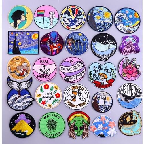 Cartoon Letter Patch Iron On Patches For Clothes Alien Patch Stripe Badge Embroidery Sew On Clothes Van Gogh Patches Applique