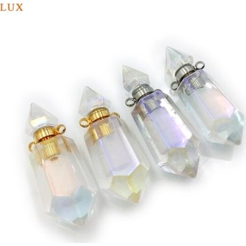 Natural Crystal Heart shape Perfume Bottle Pendant Faceted Point Vial Titanium AB White Quartz Oil diffuser charm for necklace
