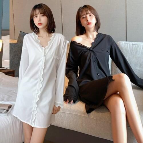 2020 Autumn Sexy Silk Satin Long Sleeve Mini Dress Nightgown Women Korean Lace Home Dress Night Gown Sleepwear Nightdress Nighty