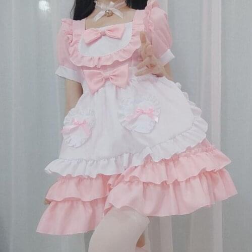 NONSAR Japanese Cute Lolita Maid Costumes Dress Womens Red Pink And White Ribbon In The Wedding Party Sweet Sexy Dress Cosplay