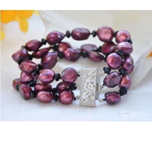 Charming Luck Pearl Jewellery,3rows 8inches 14mm Purple Baroque Freshwater Pearl Faceted Agates Bracelet