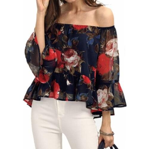 Autumn Blusas 2019 Women Blouses Flare Sleeve Off Shoulder Ruffle Hem Sexy Chiffon Shirts Vintage Floral Print Tops Hot Sale
